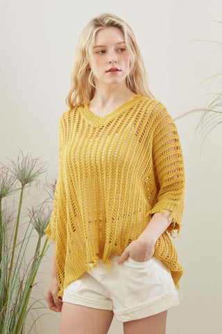 Open weave loose fit distressed sweater top in beige, available in two colors, showcasing a trendy, casual-chic style.