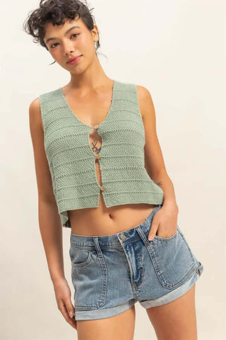 Stylish crochet button front vest top in two colors, perfect for layering with any outfit.