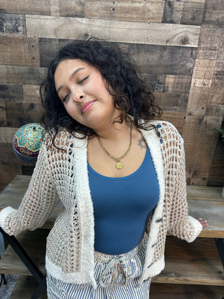 Alternate view of POL Latte Crochet & Ivory Trim Cardigan Top
