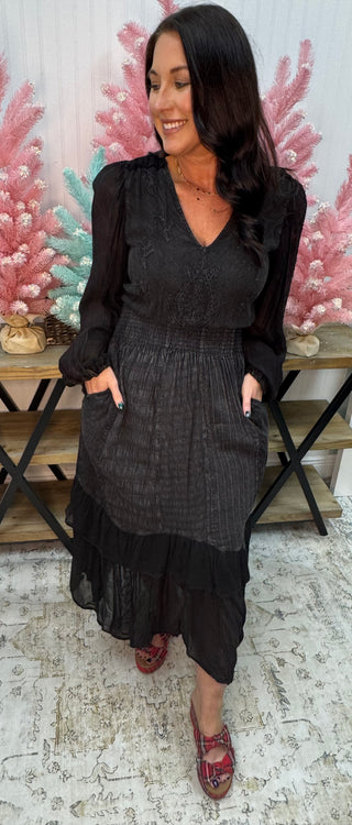 Young Threads Black Vintage Boho Embroidered Maxi Dress