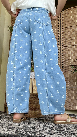 Peach Love Cherry Print Washed Denim Gypsy Fit Pants
