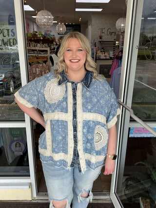Lt Denim Crochet Patchwork Button Down Shirt by Oli & Hali featuring unique pattern and design.