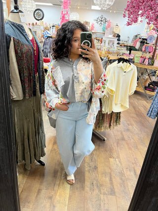 POL Heather Gray Half Placket Mixed Fabric Boxy Top Oversized