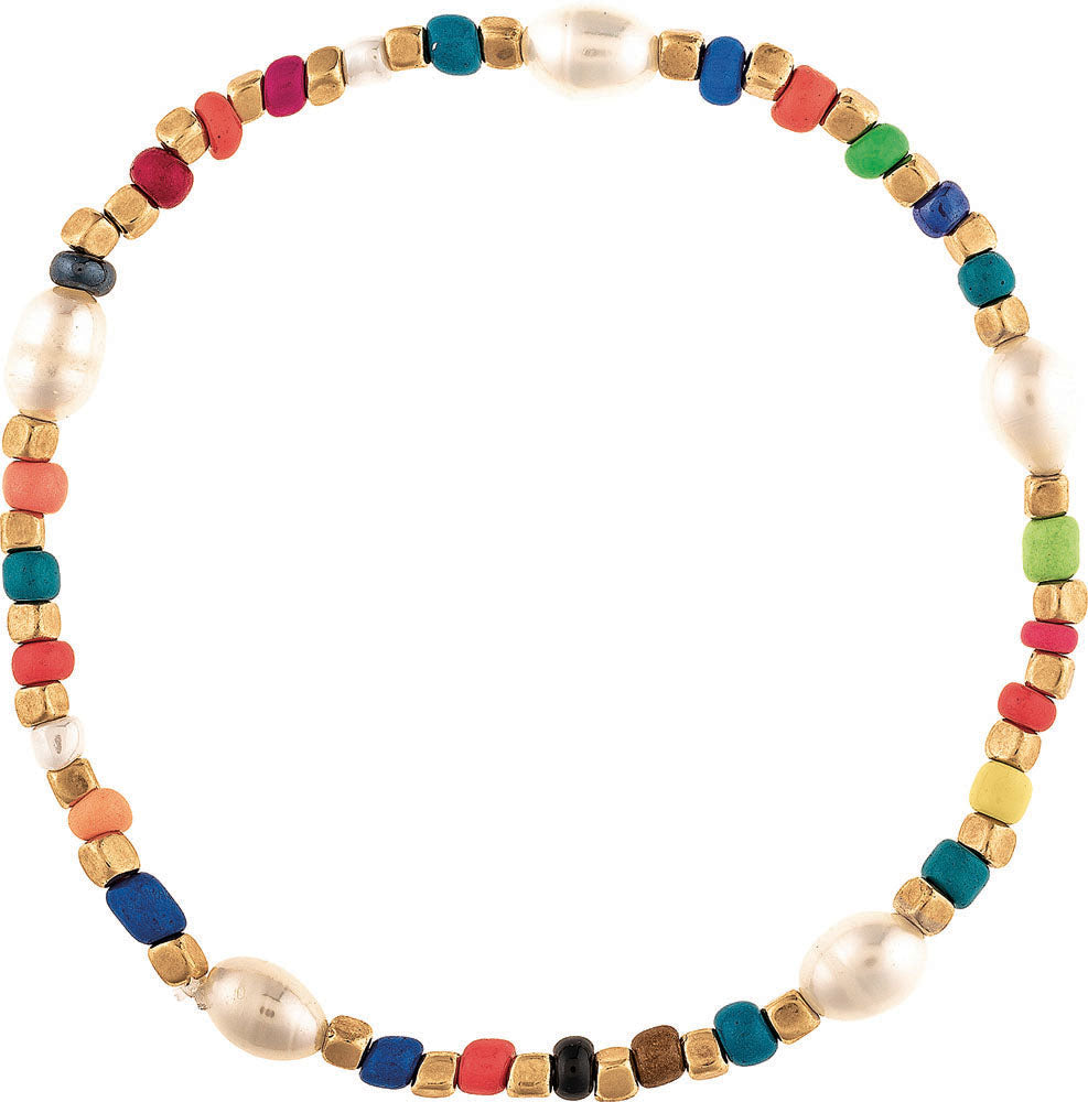 Gold Pearl Multicolor Bead Stretch Anklet - The Gypsy Belle Boutique