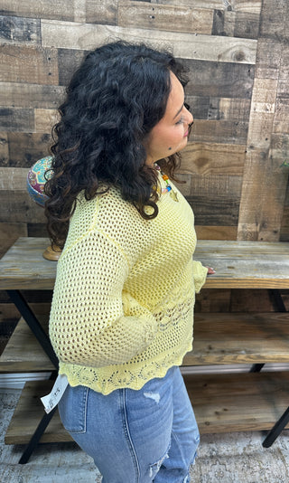 Alternate view of Cozy Co BUTTER YELLOW Open Knit Scallop Hem Sweater Top
