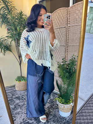 Alternate view of Star Spangled White Open Weave Top OVERSIZED
