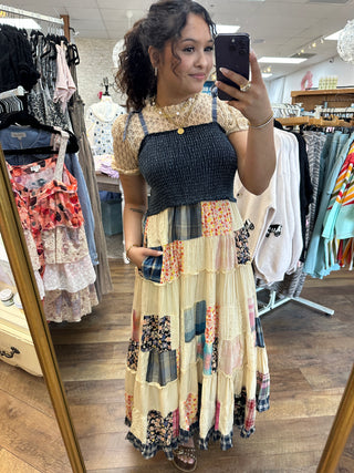 Alternate view of Young Threads Smocked Denim w/ Latte Patchwork Midi Dress
