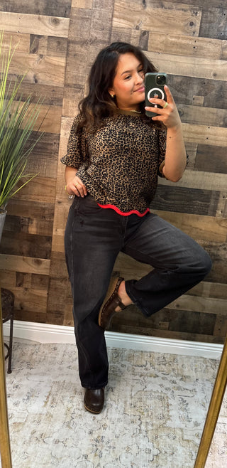 Brown Leopard with Red Contrast Wavy Hem Top