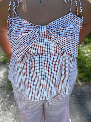 Oddi red and white check bow top with ruffle crop pants set, stylish and trendy outfit for a chic look.