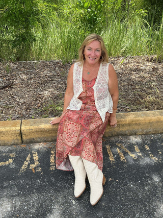 Polagram Dress in Terracotta Dream Floral Patchwork Maxi, featuring vibrant, flowing patterns and a bohemian-chic style.