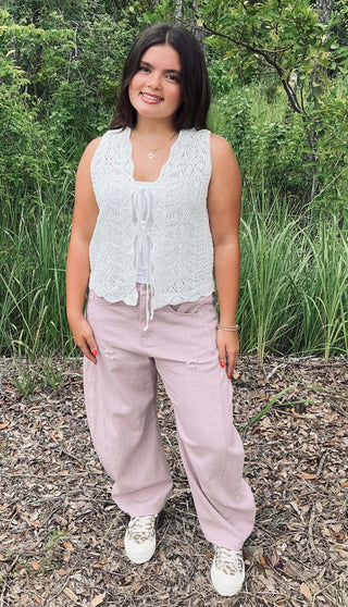 Polagram Crochet Vest - White Tie Front Sleeveless, Bohemian Style, Perfect for Layering and Summer Fashion