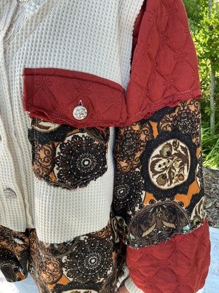POL Vintage Shacket Top Deep Brick & Oatmeal w/ Pearl Accents
