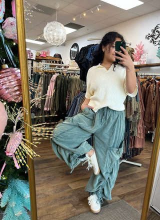 Teal Cargo Elastic Waist Jogger Parachute Pants