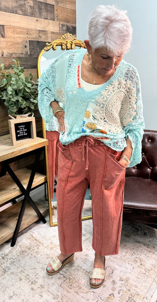 POL Soda Candy Mint Crochet Patchwork Style VNeck Top