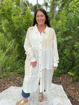 Oli & Hali Ecru Patch Lace Button Up Long Shacket Top Kimono