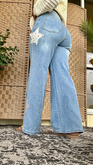 Alternate view of Easel Gold Star Washed Denim Patchwork Pants
