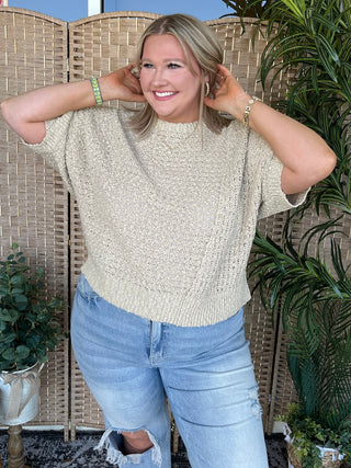 Taupe knit sweater with textured weave and asymmetrical hem, short sleeves.
