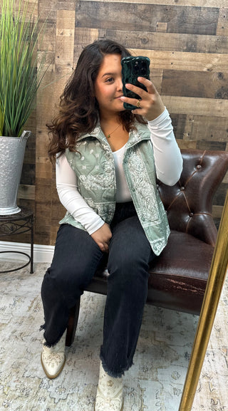 Umgee Sage Green Bandand Print Quilted Vest Top