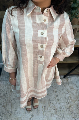 Alternate view of Like Love Oatmeal & Taupe Stripe Linen Look 3/4 Sleeve Dress
