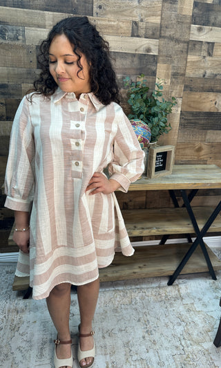 Alternate view of Like Love Oatmeal & Taupe Stripe Linen Look 3/4 Sleeve Dress
