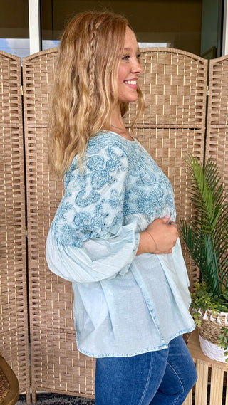 Alternate view of POL Charming in Blue Embroidered Top

