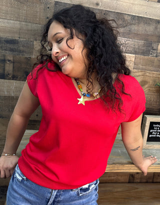 Like Love Red Cap Slv V Neck Knit Top