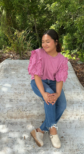 Easel Orchid Ruffled Bubble Sleeve Top