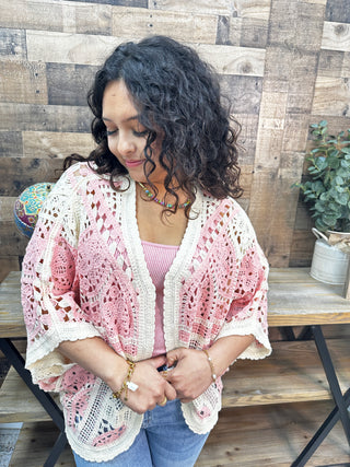 POL PINK MULTI Batwing Slv Cardigan Crochet Sweater Top