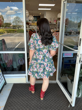 Entro Dusty Teal Floral Print Drop Waist Short Dress