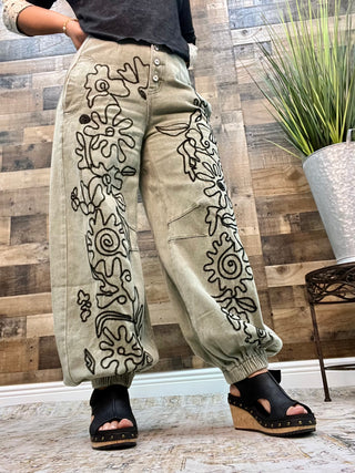 POL Olive Green Button Front Jogger w/ Black Embroidery