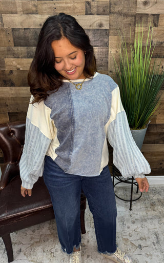 Blue Mixed Fabric Long Sleeve Top