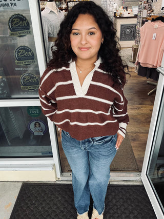 Adora Mocha Stripe Rugby Collar Sweater Top