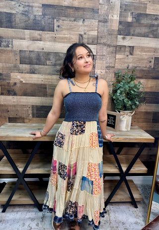 Alternate view of Young Threads Smocked Denim w/ Latte Patchwork Midi Dress
