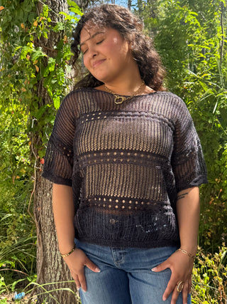 Mello Charcoal Crochet Short Sleeve Top