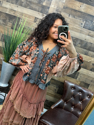 POL Teal Brown & Blush Patchwork Tie Front Top Oversized