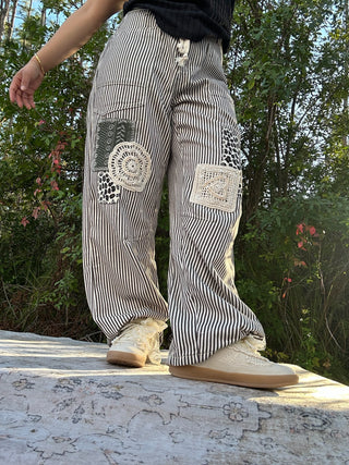 POL Choco Striped Straight Leg Crochet Patch Pants