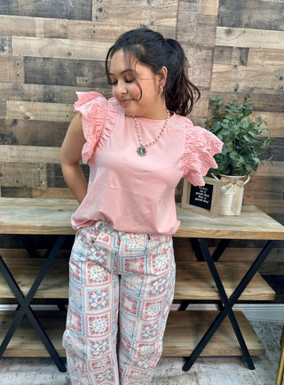 Peach Love Gypsy Fit Pink & Blue Floral Patchwork Printed Twill Denim Barrel Pants