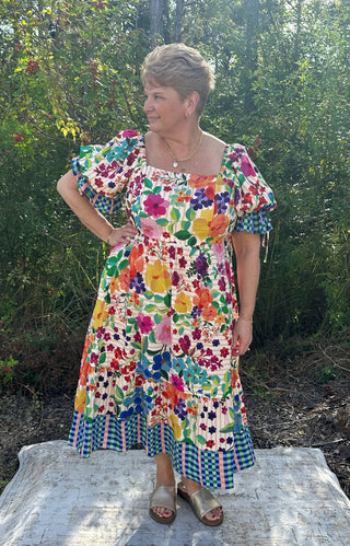 Oddi Carinival Bloom Floral Border Print Dress w/ Bubble Sleeve