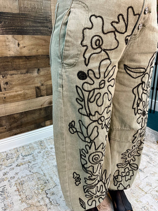 POL Olive Green Button Front Jogger w/ Black Embroidery