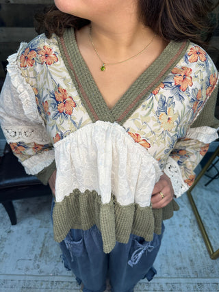 POL Olive Floral Ruffle VNeck Long Slv Top