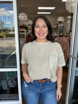 JOA Washed Ribbed Knit Short Slv Pocket Top (3 COLORS)