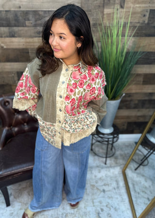 POL Herb Green Floral Ruffle Button Front Long Slv Top