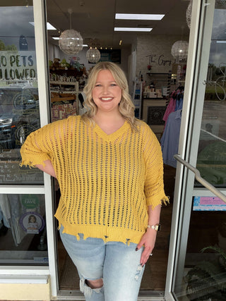 Alt text: Open weave loose fit distressed sweater top in two colors displayed on a mannequin for a trendy casual look.