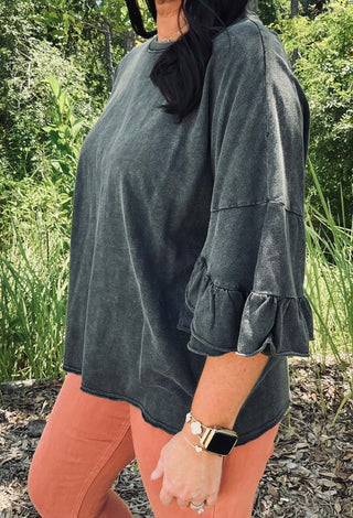 Ruffle Bell Sleeve Washed Cotton Slub Top in Cream by Easel, available in 2 colors, stylish and comfortable women's fashion.