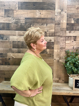 Alternate view of Easel Olive Green Oversize Boatneck Knit Sweater Top Short Slv
