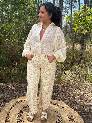 Alternate view of Cream & Ditzy Mauve Floral Gypsy Fit Button Fly Pant
