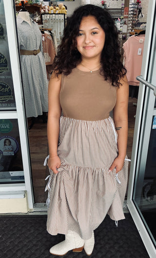 ee:some Coco Midi Dress w/ Ribbed Knit Bodice & Striped Skirt