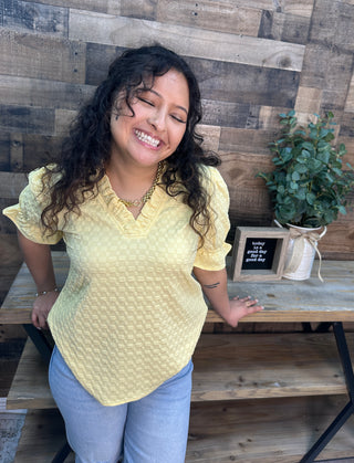 Staccato Yellow Ruffle V Neck Short Slv Top