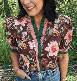 Entro Brown Floral Top w/ Green & Peach Accent Trim