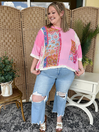 Alternate view of POL Candy Pink Floral Oversized Top
